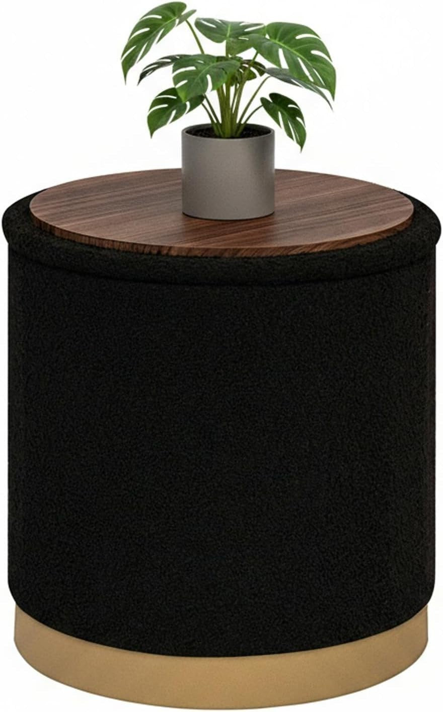 Black Boucle Round Storage Ottoman Large Foldable Footrest with Tray Lid