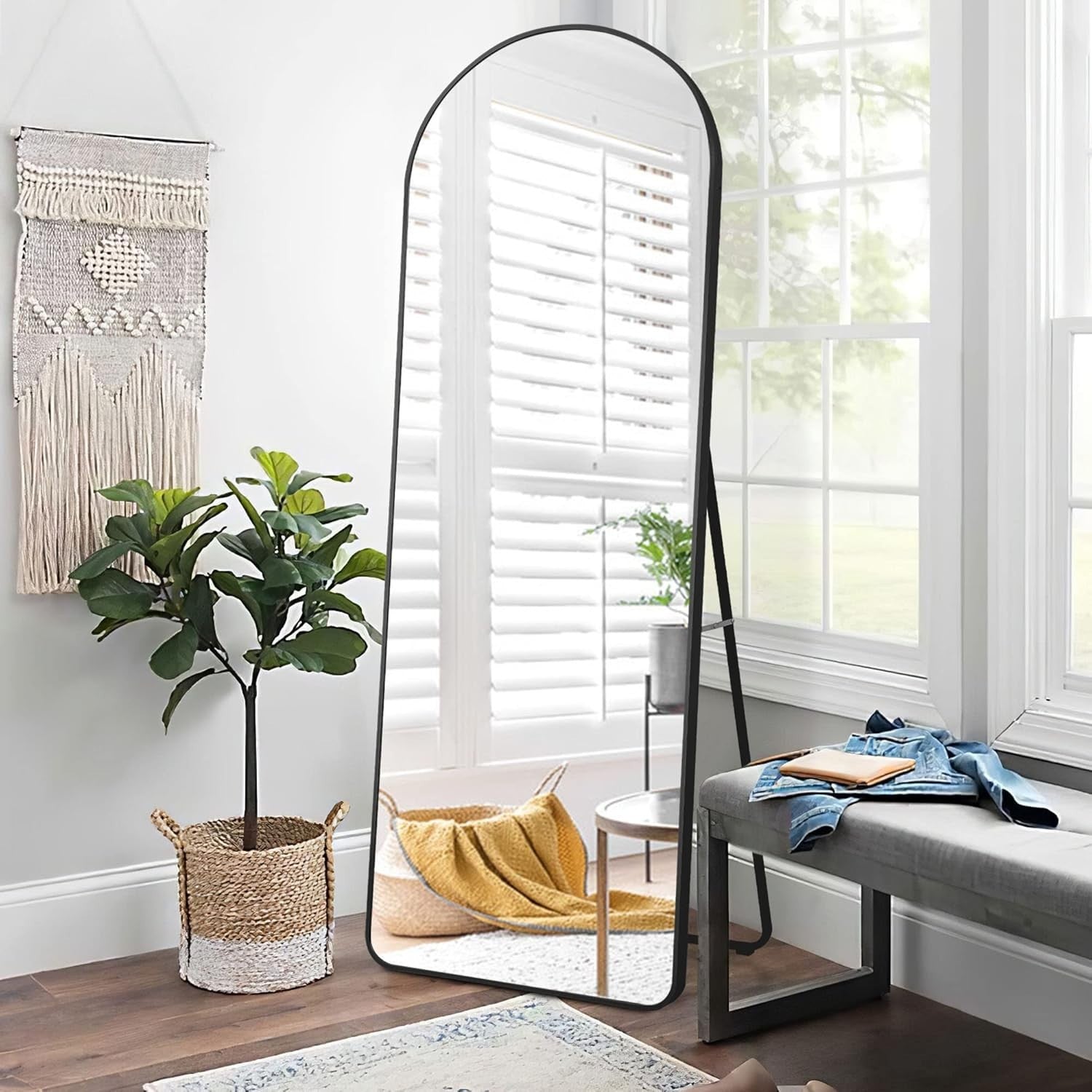 Full Length Arched Mirror 150x50cm Black Standing or Wall Mount HD Glass