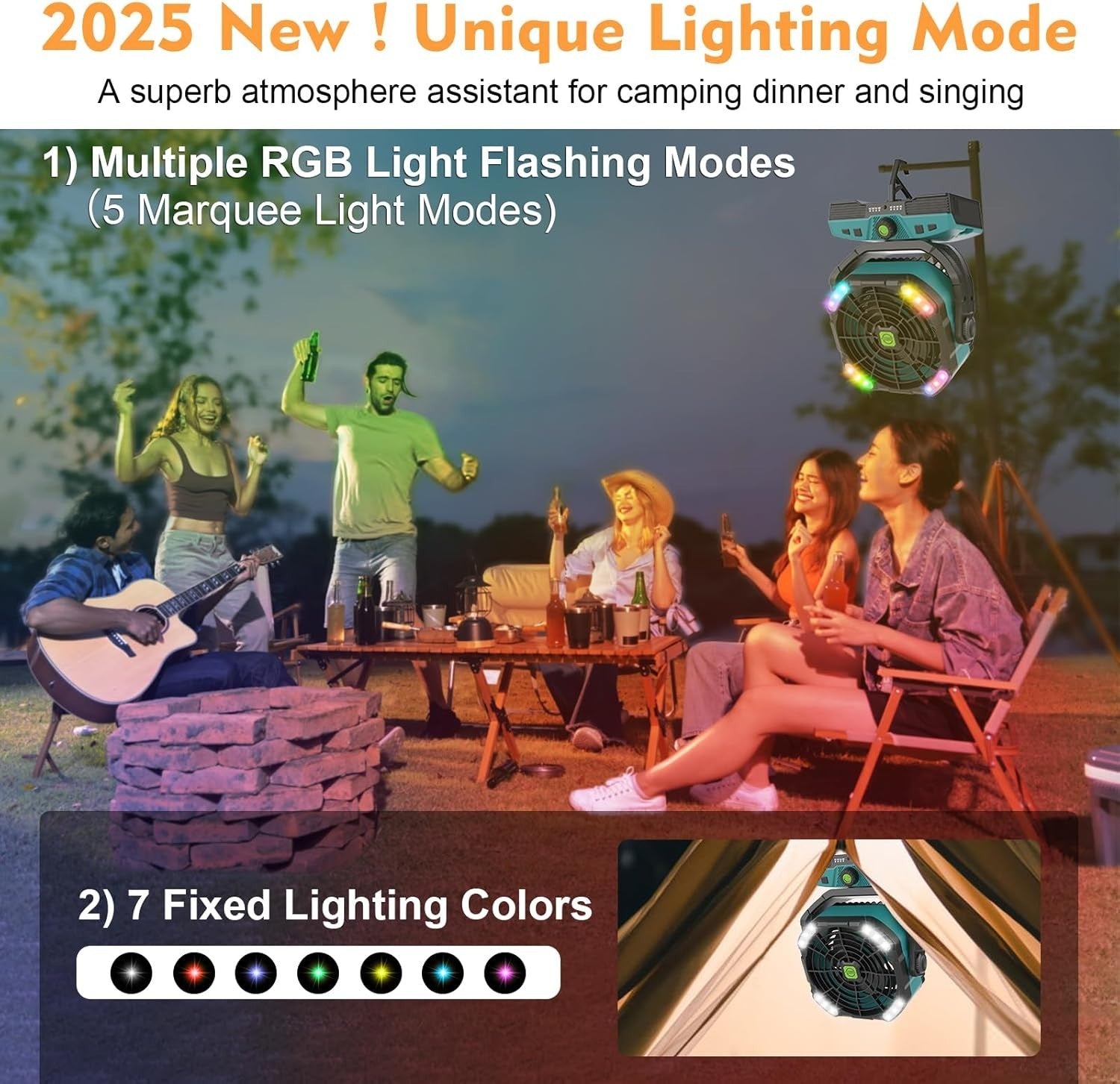Cyan Camping Fan – 20000mAh Rechargeable w/ LED Light, RGB Ring & Remote Timer