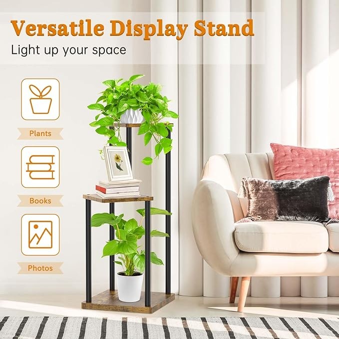 3 Tier Metal Wood Plant Stand Indoor Outdoor Corner Flower Display Rack Black