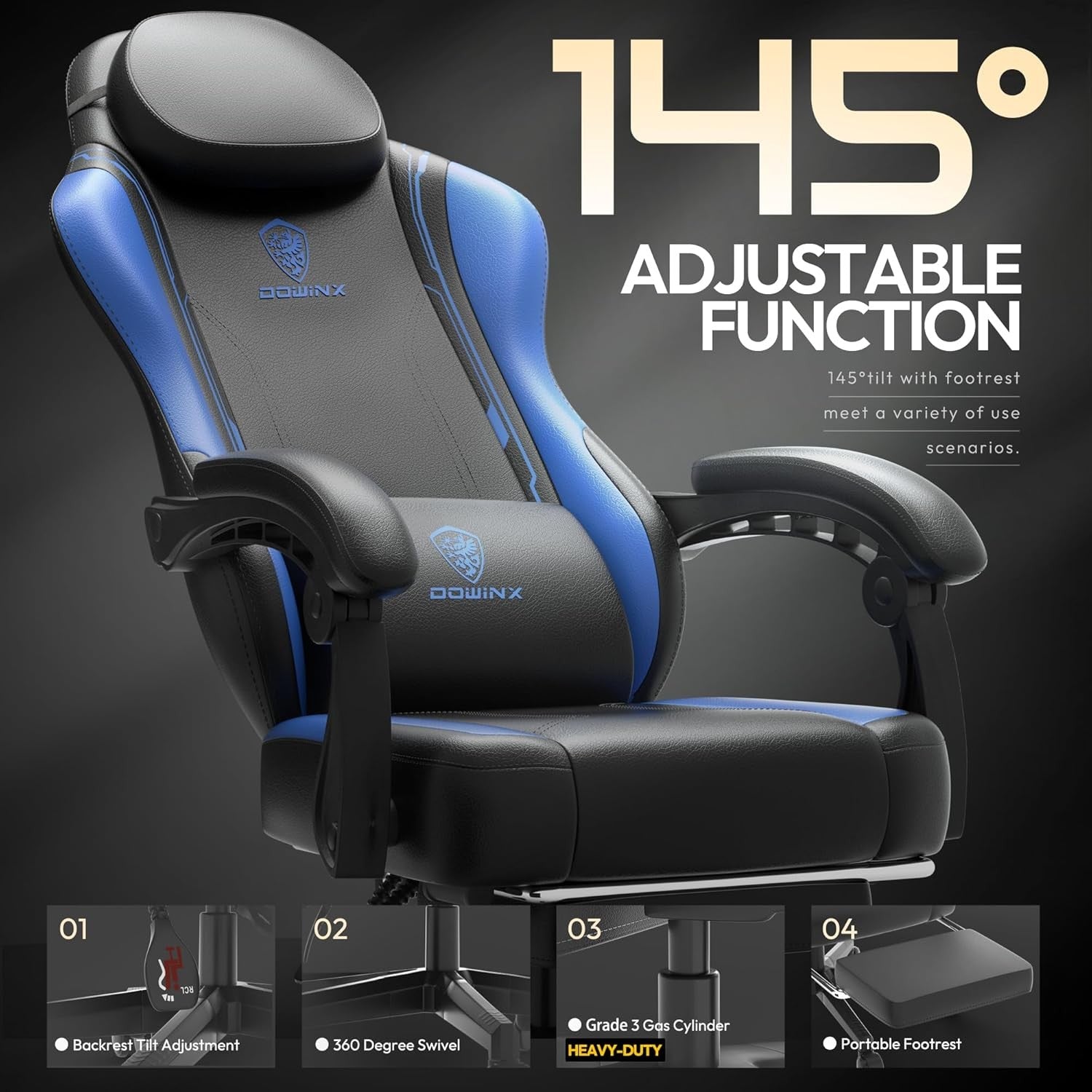 Ergonomic Gaming Chair Blue w/ Footrest Massage Lumbar Support