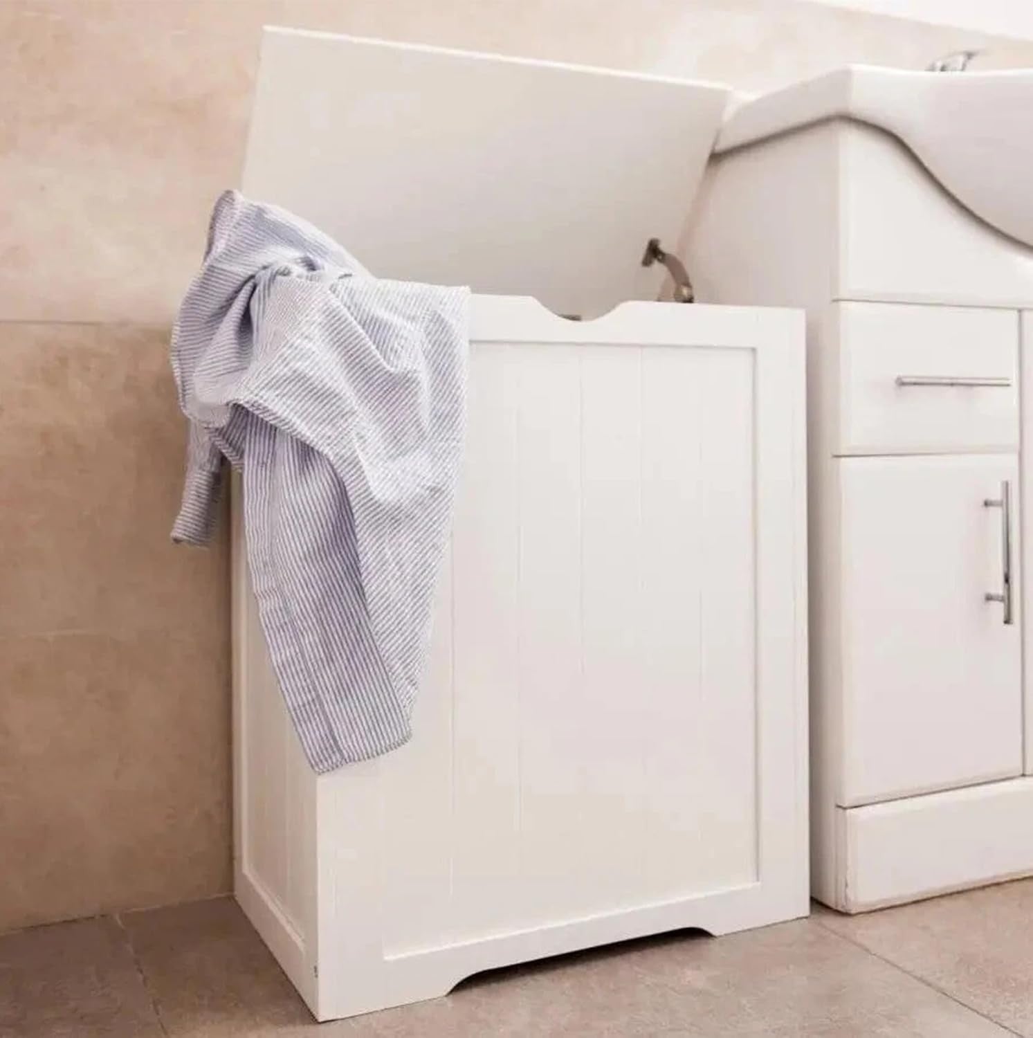 Laundry Hamper Cabinet Wooden Storage Chest with Lid White Bathroom Unit