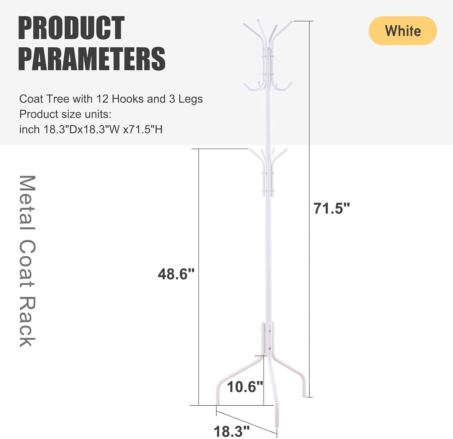 White Freestanding Coat Rack with 12 Hooks | Metal Hat & Scarf Organizer