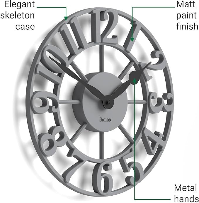 Grey 30cm Skeleton Wall Clock Silent Modern Raised Numerals Metal Home Decor