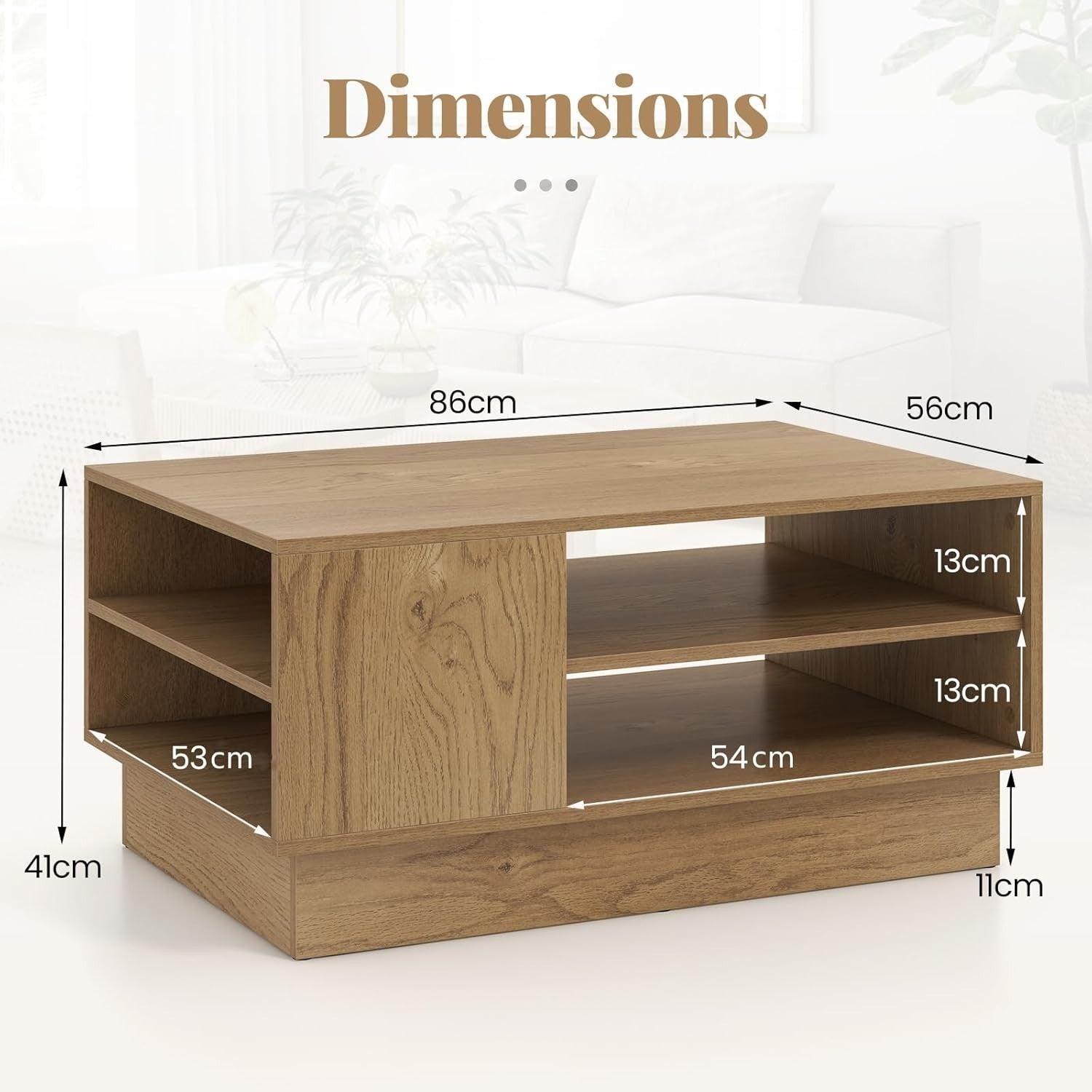 Modern Wooden Coffee Table with 2-Tier Storage & Recessed Base 86x56x41cm