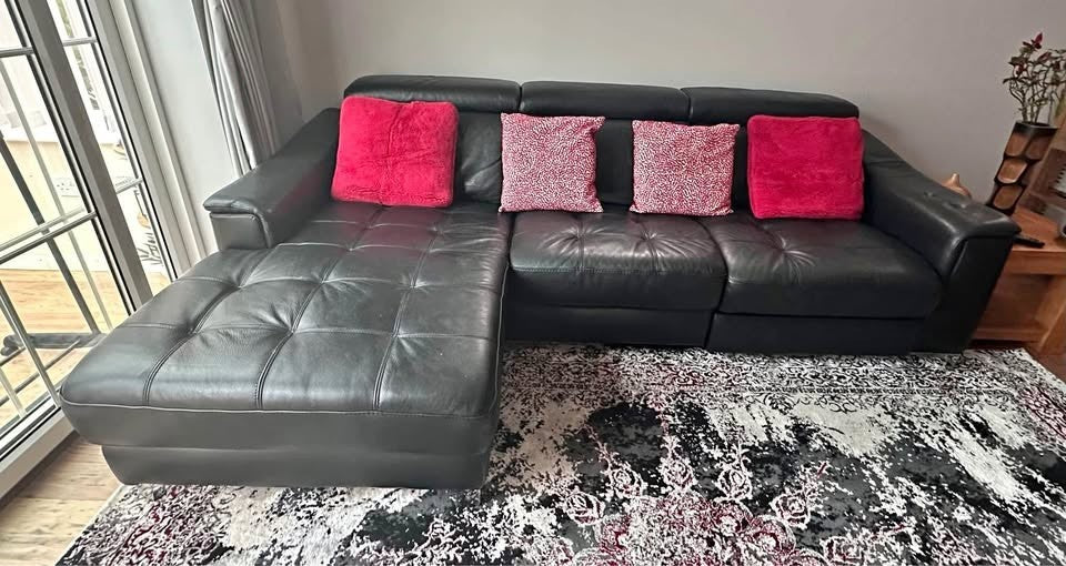 Italian Black Recliner Leather Corner Sofa L-Shape Sofa (PTP)