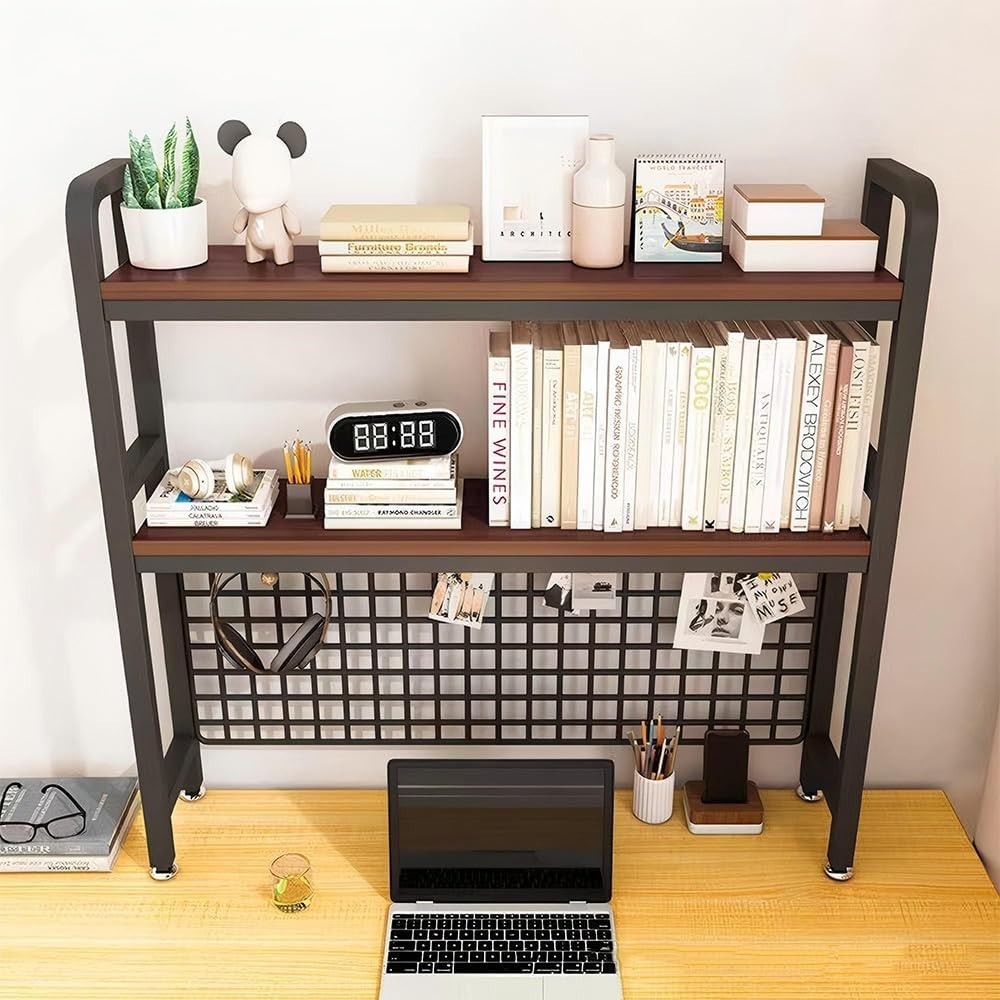 Black 2-Tier Desktop Bookcase with Grid Panel Metal/MDF Desk Hutch 95cm