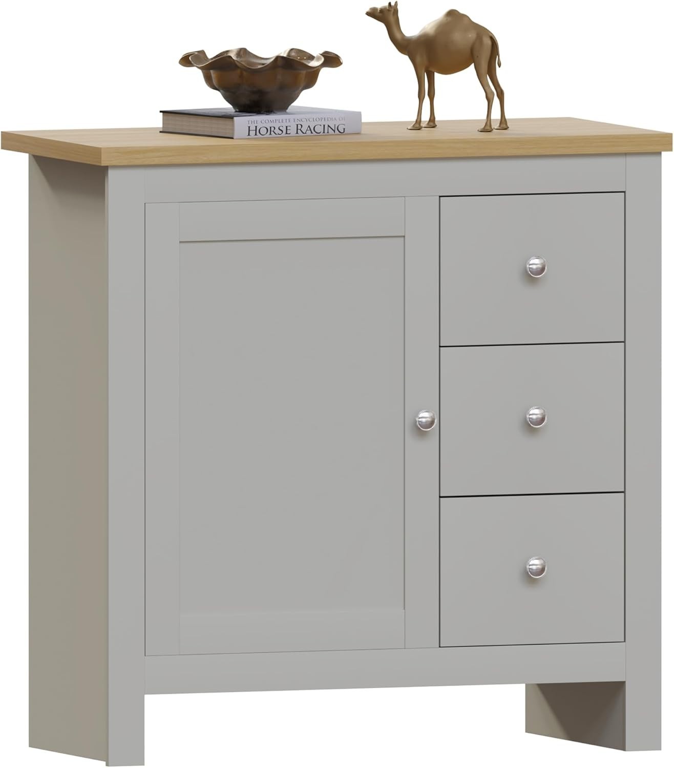 Grey Sideboard Storage Cabinet Unit with 3 Drawers 1 Door Oak Top Hallway