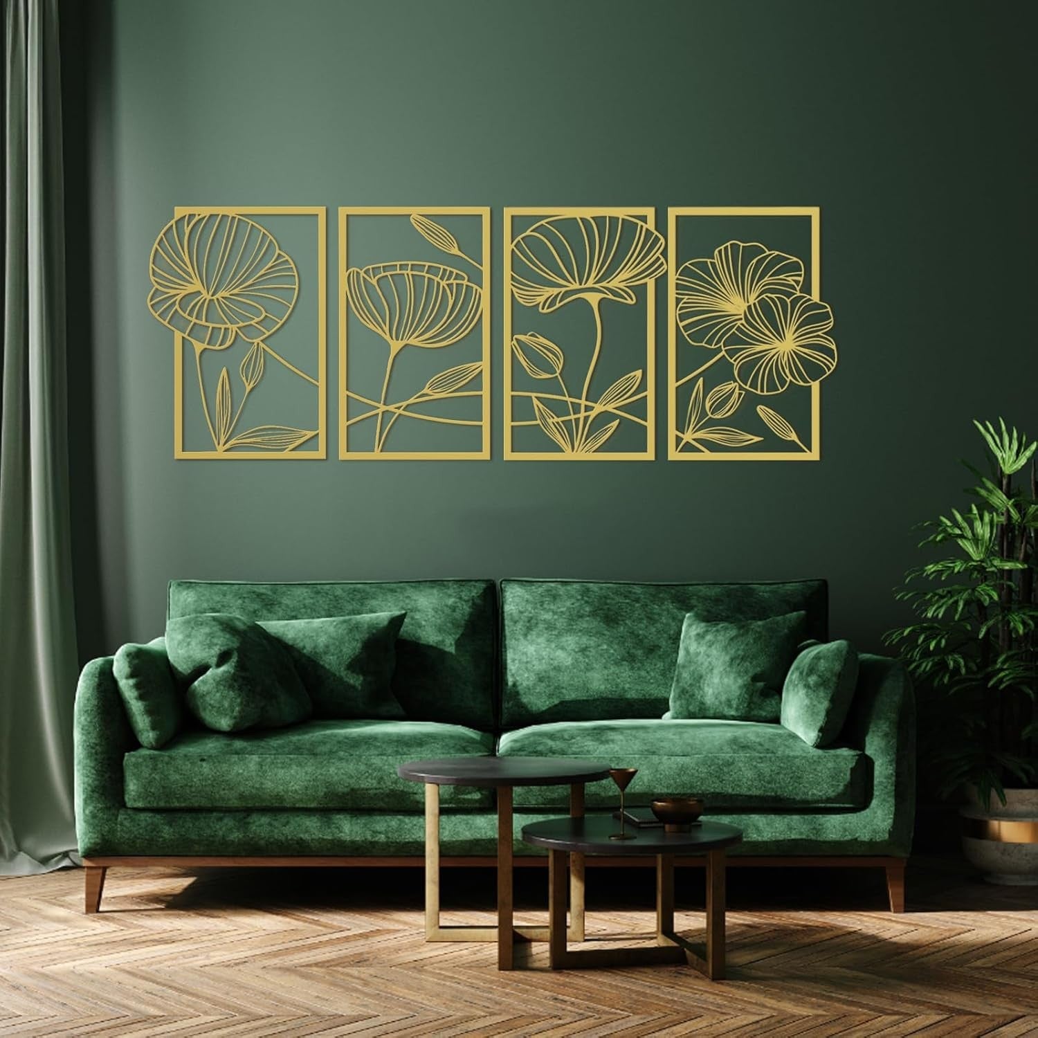 Gold Metal Wall Art Set of 4 Lotus Flower 3D Line Sculptures Modern Decor
