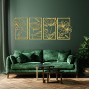 Gold Metal Wall Art Set of 4 Lotus Flower 3D Line Sculptures Modern Decor