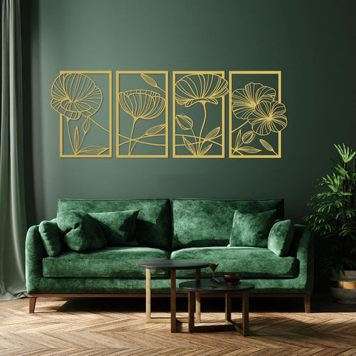 Gold Metal Wall Art Set of 4 Lotus Flower 3D Line Sculptures Modern Decor