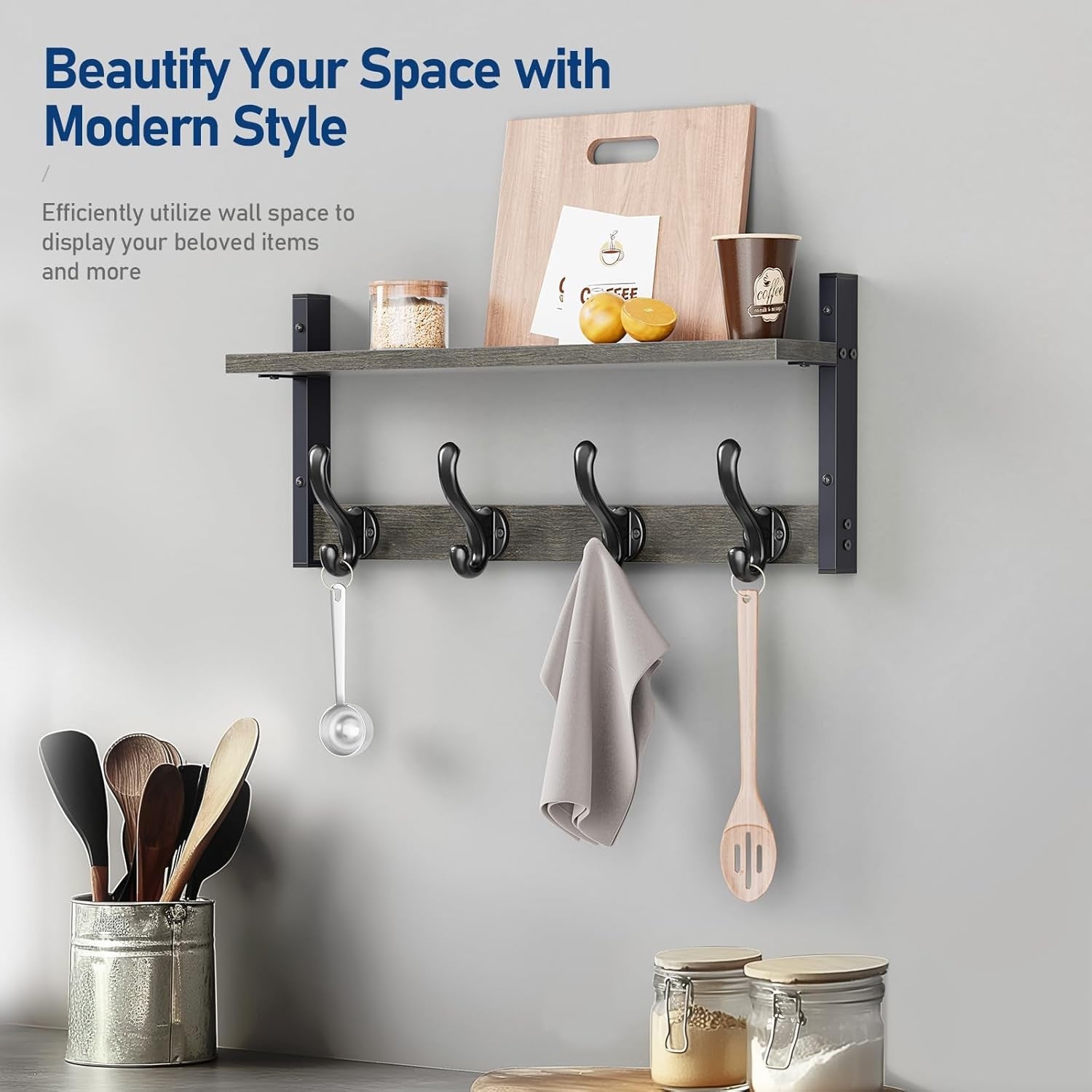 Wall Mounted Coat Rack with Shelf 20” | Rustic Ebony Hooks for Entryway