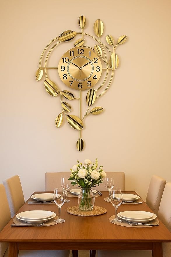 Luxury Gold Leaf Wall Clock Modern 78×48cm Silent Metal Art Decor Living Room
