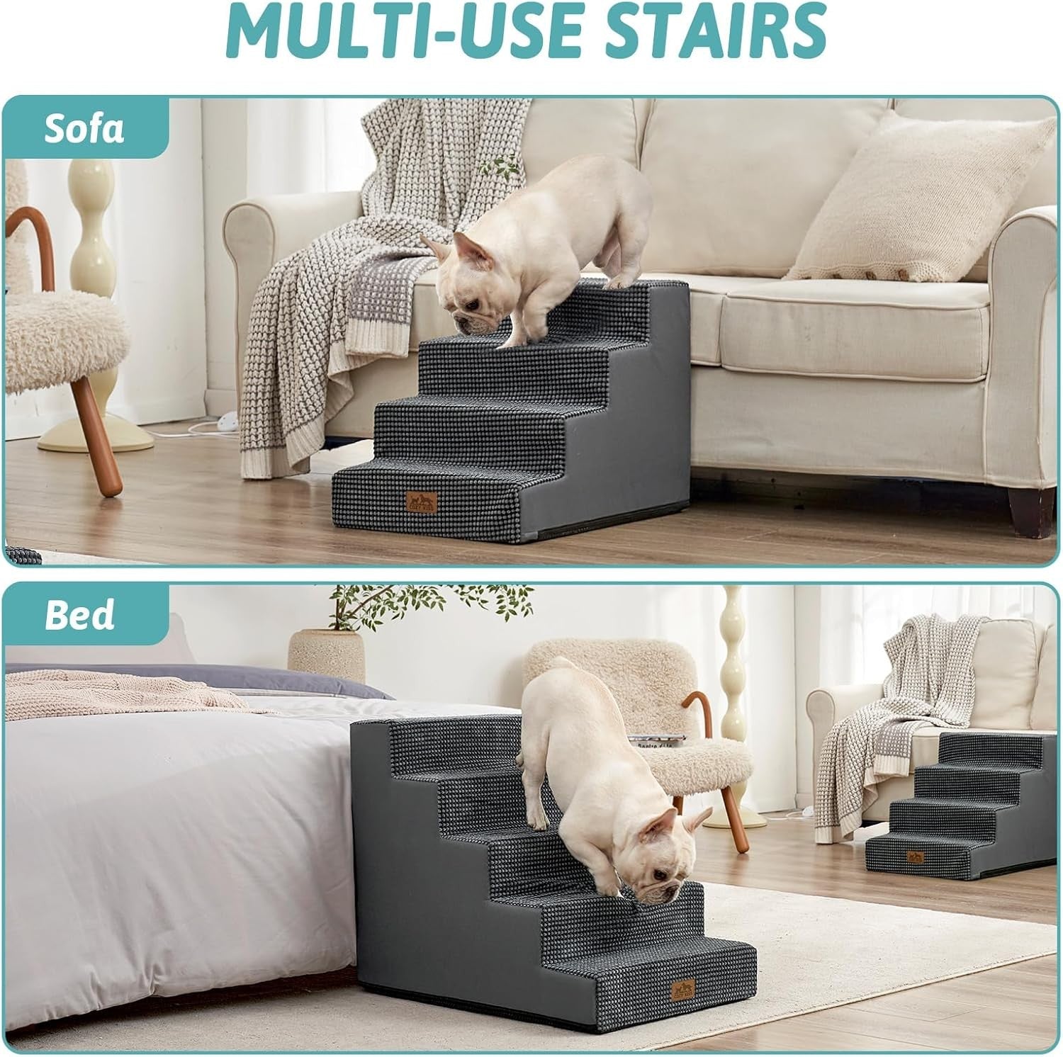 Wide Dog Stairs Non-Slip Pet Steps 4 Small Dogs Cats Puppy 75x50x60cm Dark Grey