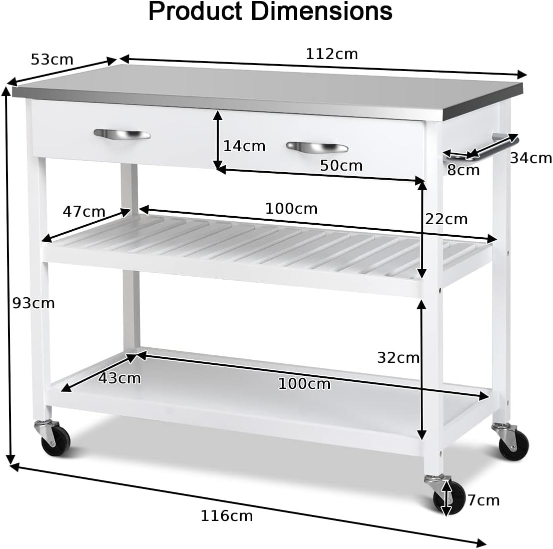 Kitchen Island Trolley on Wheels Stainless Steel Worktop Storage Cart