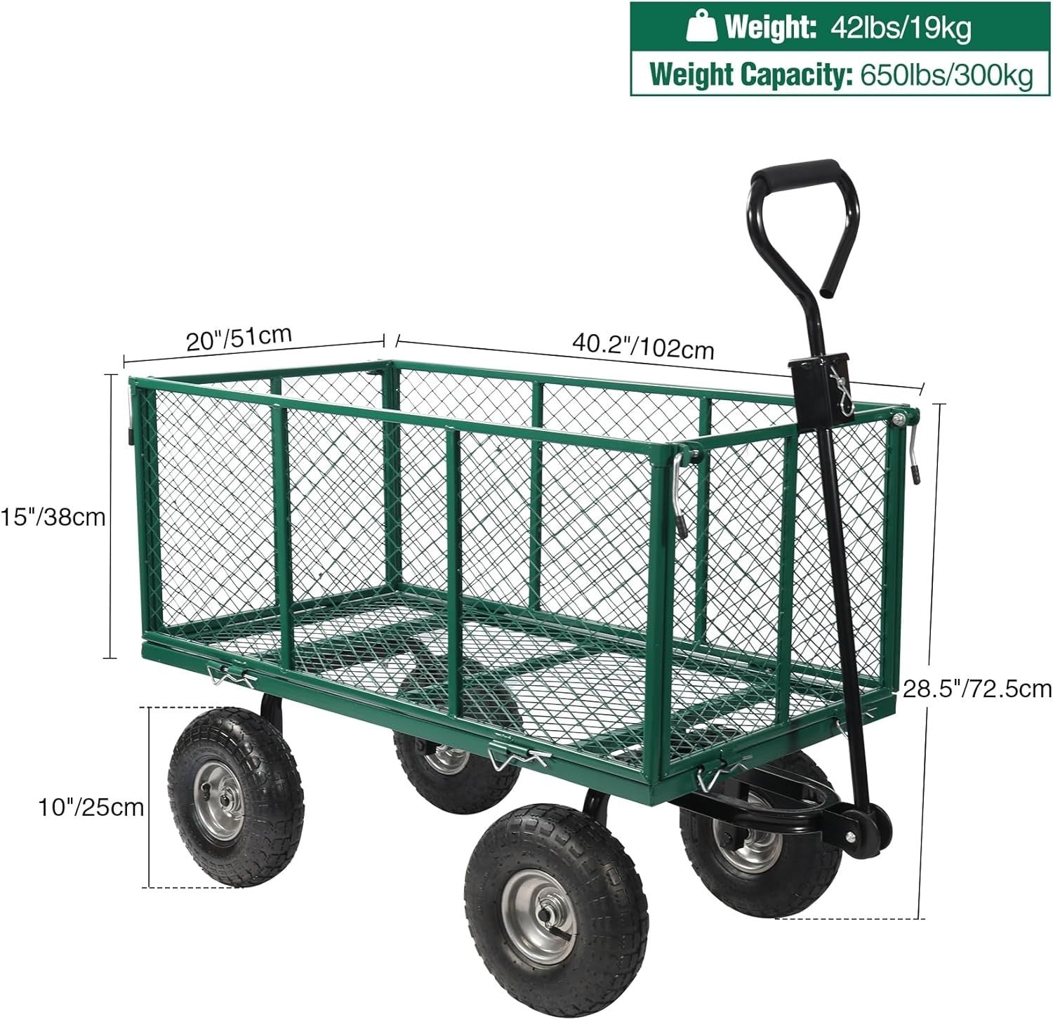 Oversized Heavy Duty Garden Cart 650lb Capacity Flatbed Wagon w/ Removable Sides