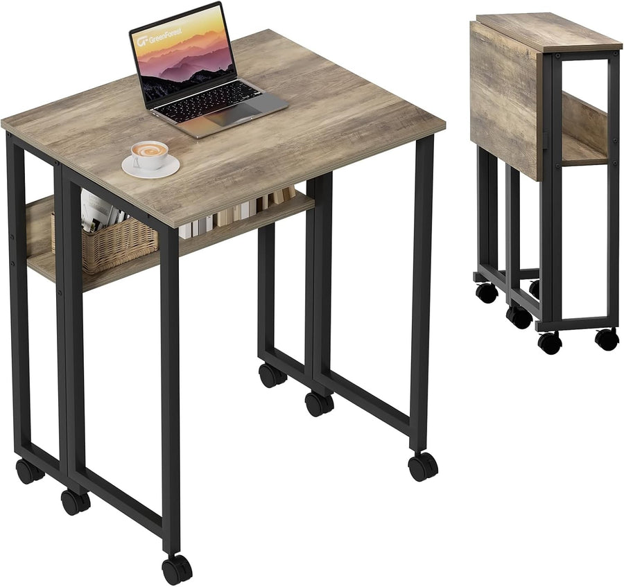 Small Folding Computer Desk on Wheels with Storage Shelf Space Saving