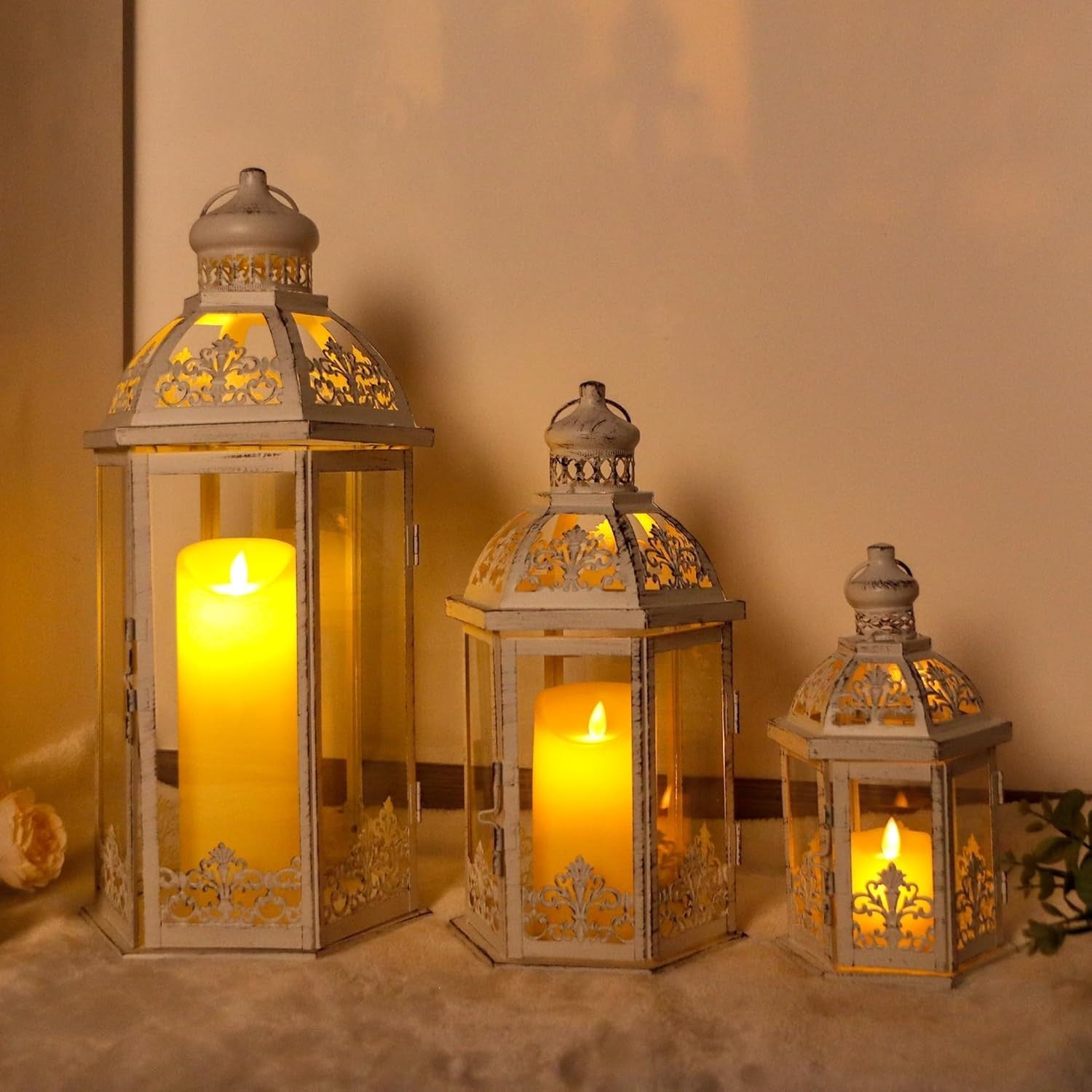 3-Pack White Grey Vintage Metal Candle Lanterns