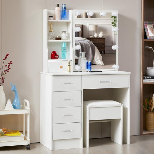 Vanity Makeup Dressing Table with 3-Color LED Mirror, 6 Drawers & Stool White