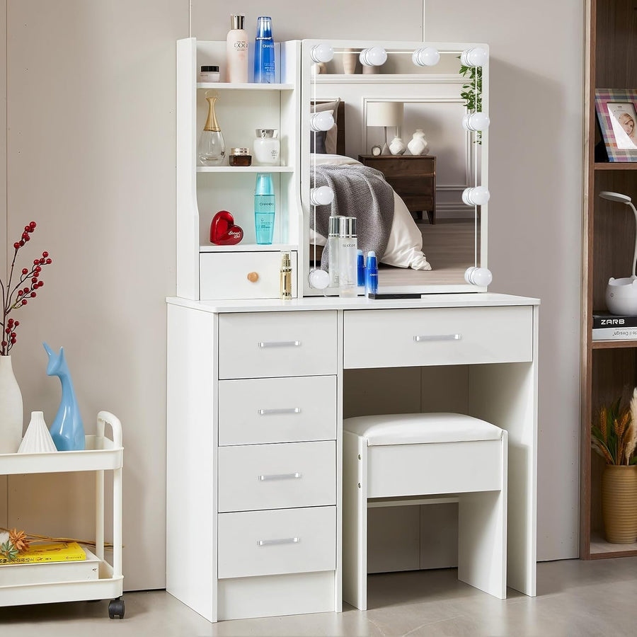 Vanity Makeup Dressing Table with 3-Color LED Mirror, 6 Drawers & Stool White