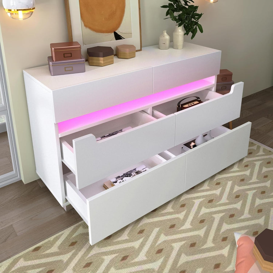 White Gloss LED Sideboard Cabinet with 6 Drawers RGB Light Storage