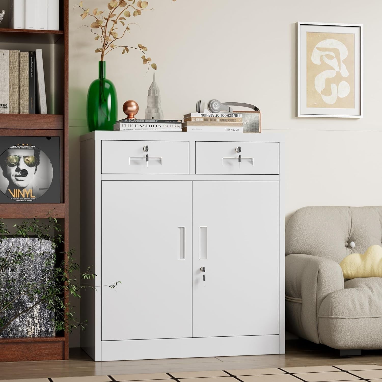 Lockable Metal Storage Cabinet 2 Doors 2 Drawers Adjustable Shelves 92x80x40cm