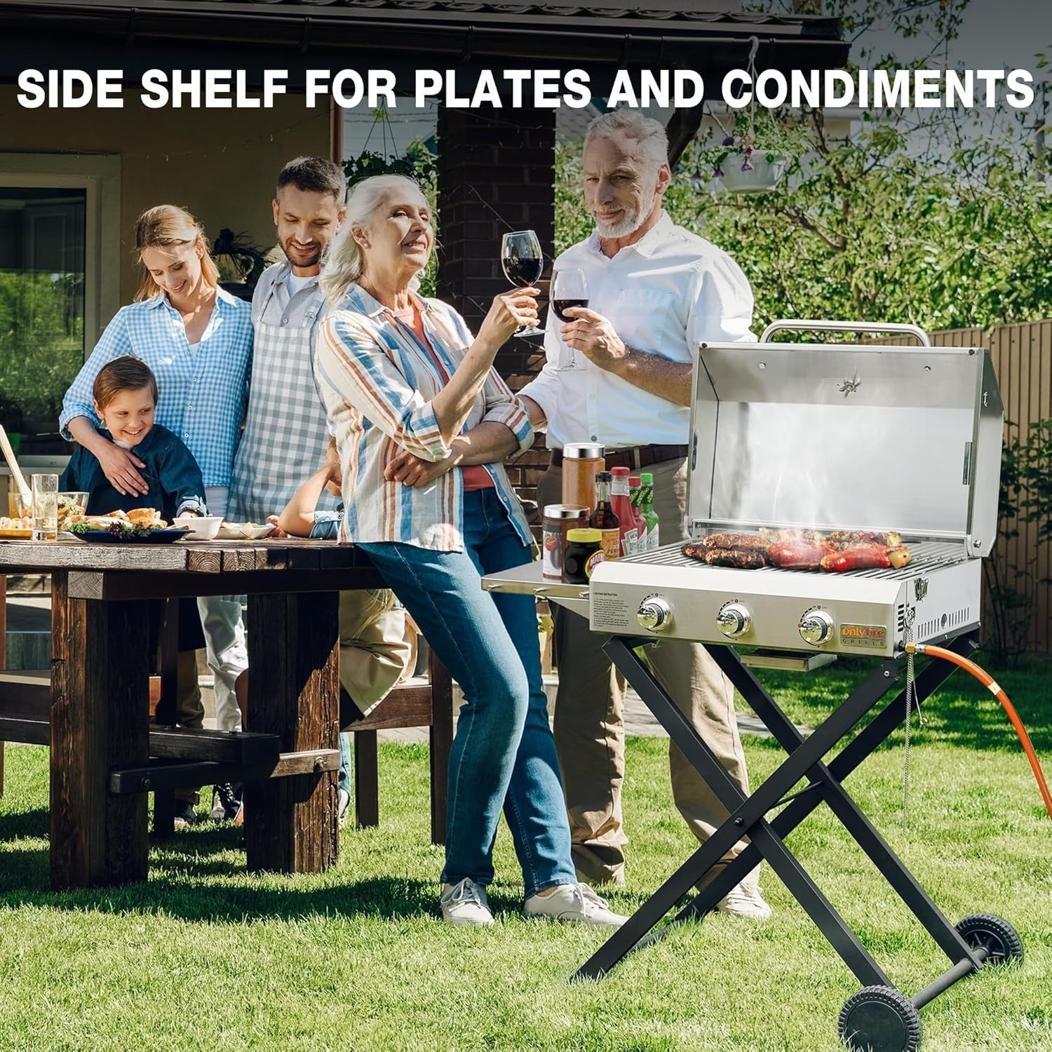 3 Burner Portable Gas BBQ Grill with Lid & Thermometer | Folding Trolley
