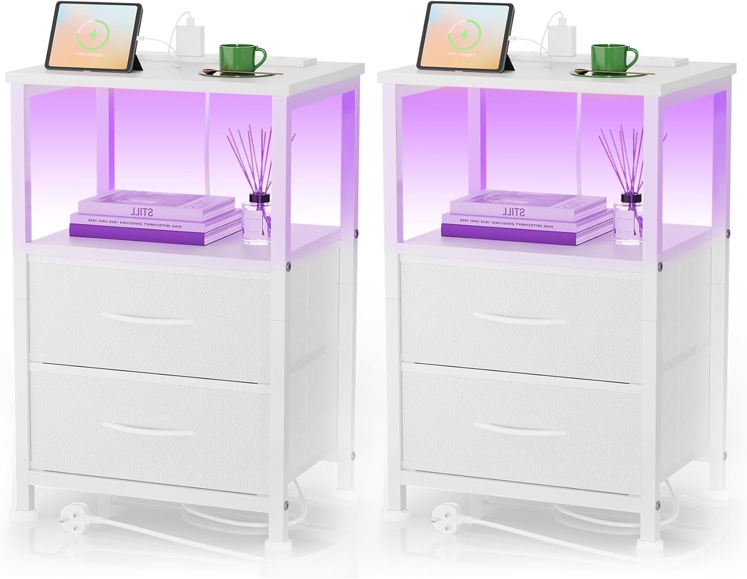 Set of 2 White Bedside Tables with LED Lights & USB Charging Ports