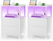 Set of 2 White Bedside Tables with LED Lights & USB Charging Ports