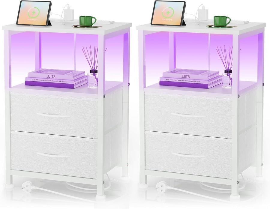 Set of 2 White Bedside Tables with LED Lights & USB Charging Ports
