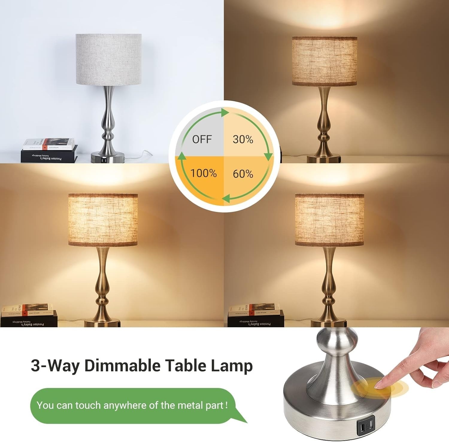 Dimmable Touch Table Lamps Set of 2 USB Charging Beige Linen Shade