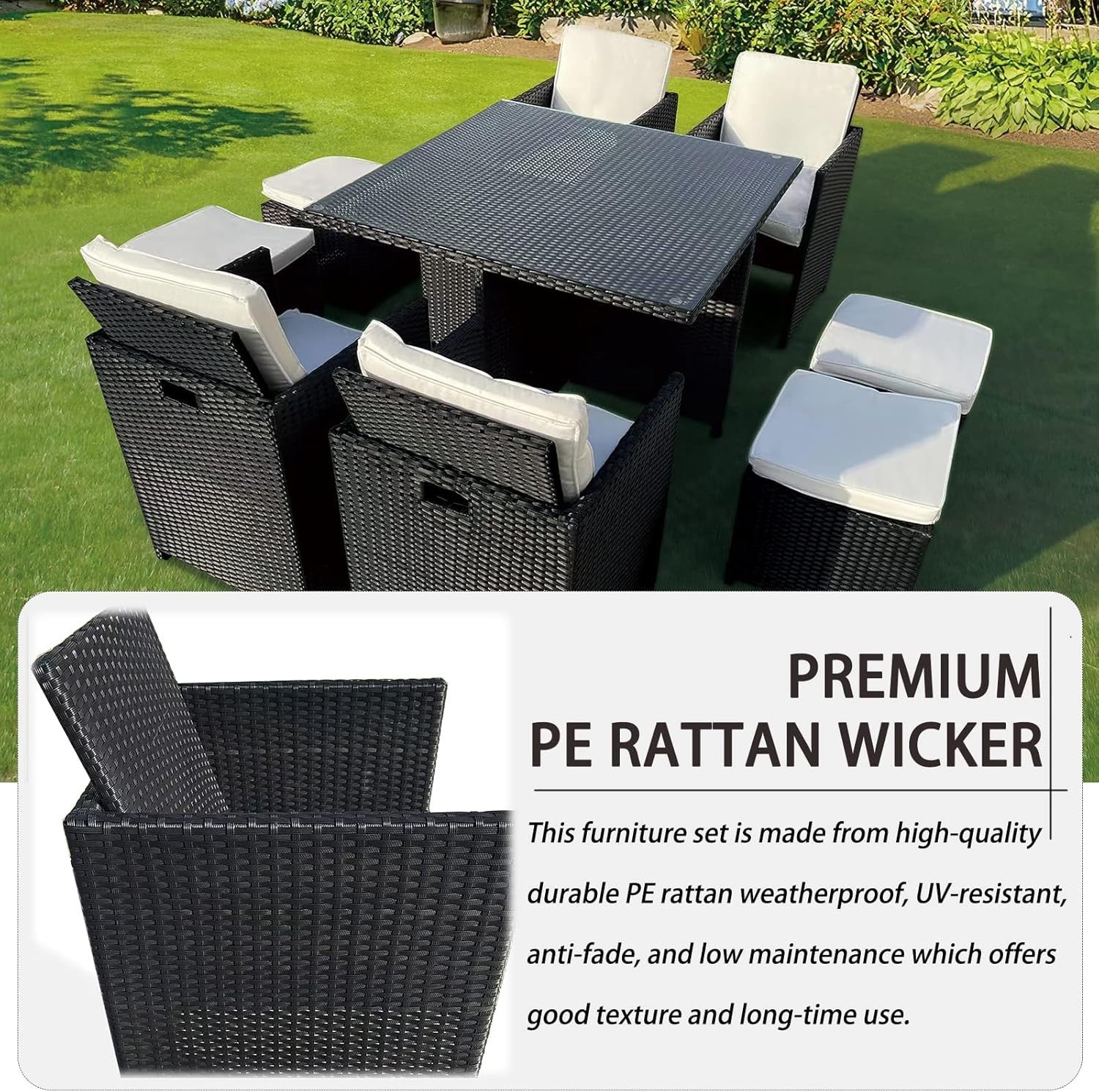 Rattan Garden Dining Set 8 Seater Outdoor Cube Table Chairs Cushions