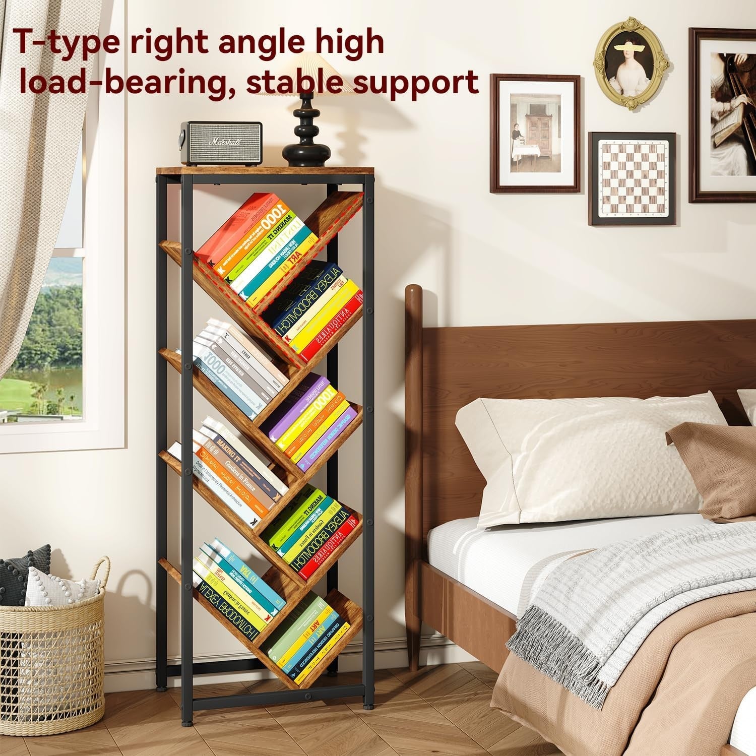 9-Tier Rustic Brown Tree Bookshelf Narrow Space Floor Standing Shelf