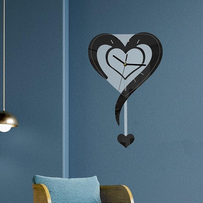 Black Heart Wall Clock Modern Silent Acrylic Hanging Décor for Bedroom Office