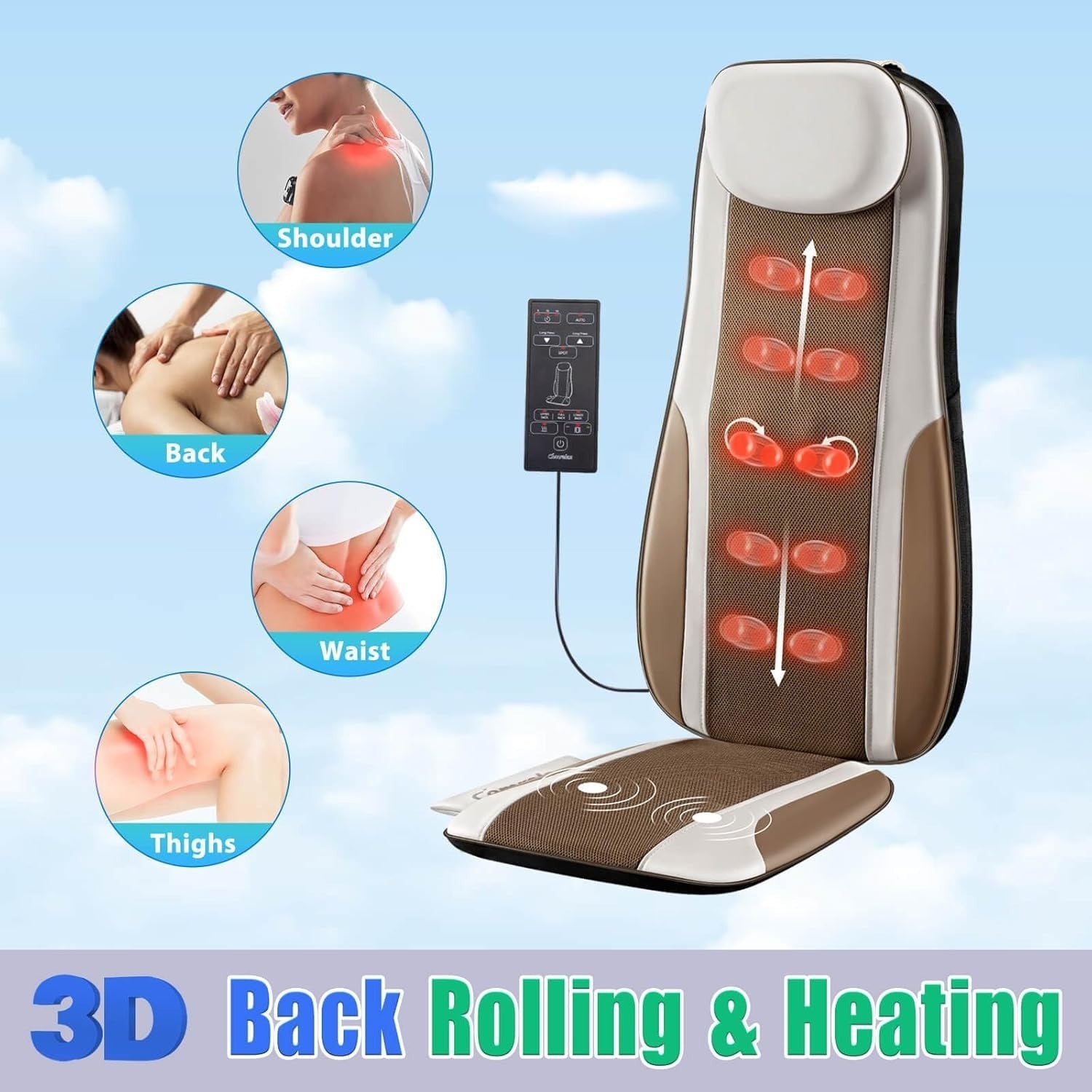 Shiatsu Back Massager Chair Pad Heat Kneading Roller Seat Cushion Brown