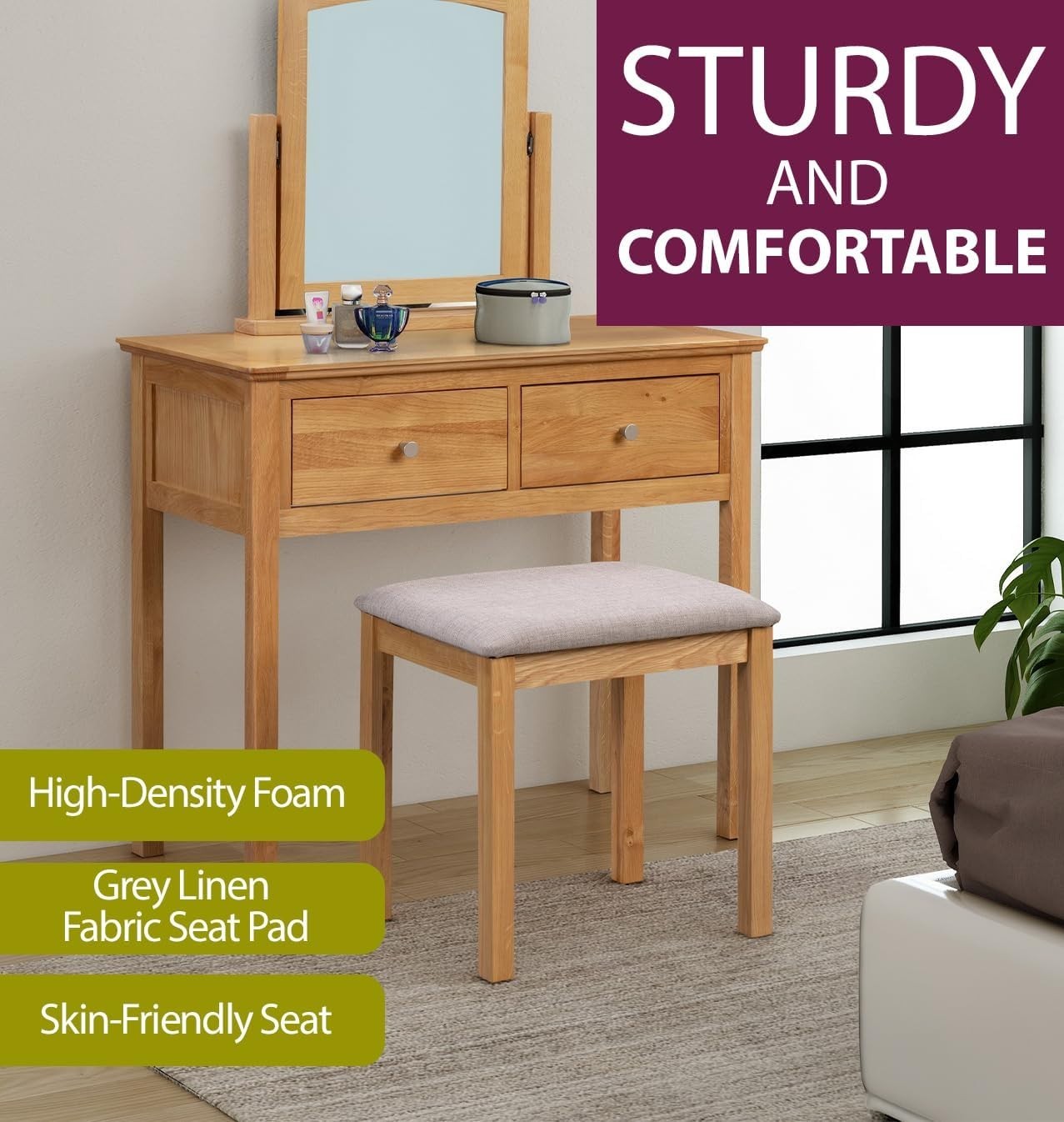 Light Oak Dressing Table Vanity Set Mirror Stool 2 Drawer Storage Bedroom