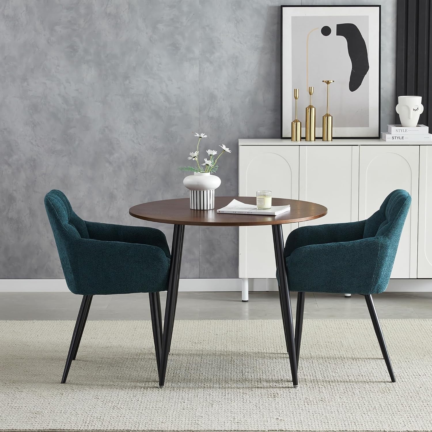 Teal Round Dining Table Set w/ 2 Chairs – Walnut Effect Space-Saving 3-Piece Set