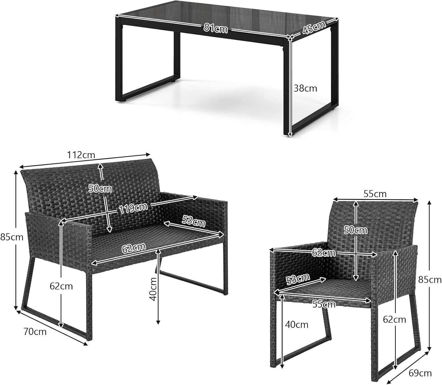 4PC Rattan Garden Sofa Set Metal Frame Patio Chairs Glass Coffee Table