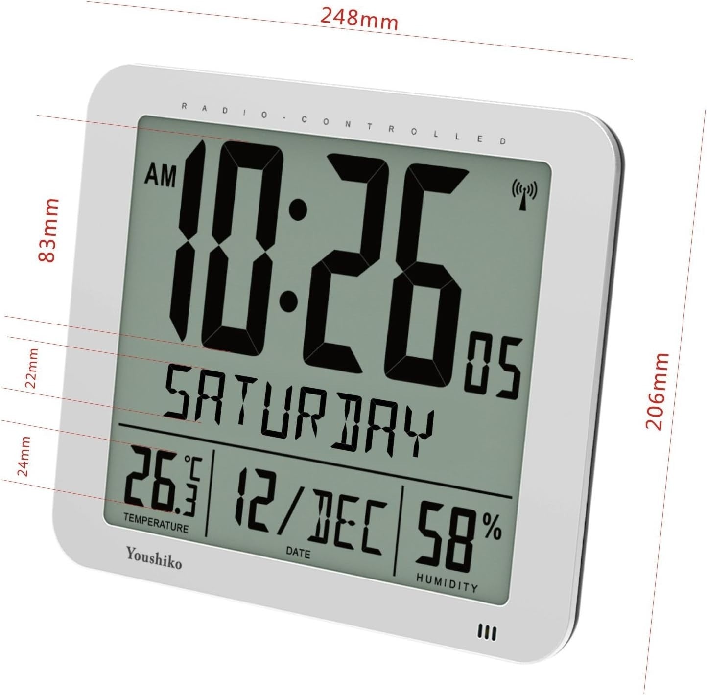 Jumbo Radio Controlled Wall Clock Large LCD Display Temp Humidity Silver