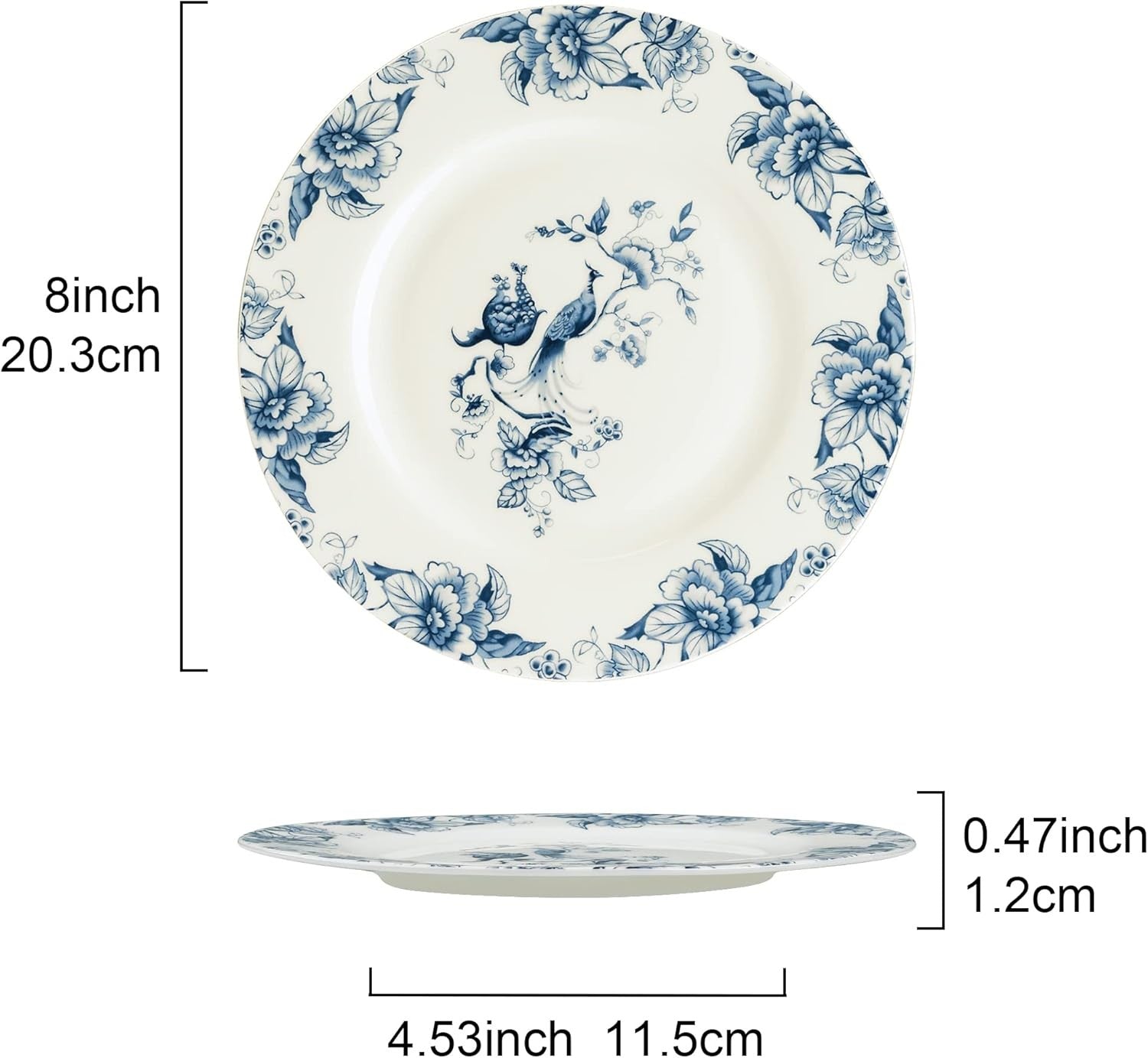8 Inch Bone China Dessert Plates Set of 4 Blue Floral Salad Pasta Dishes