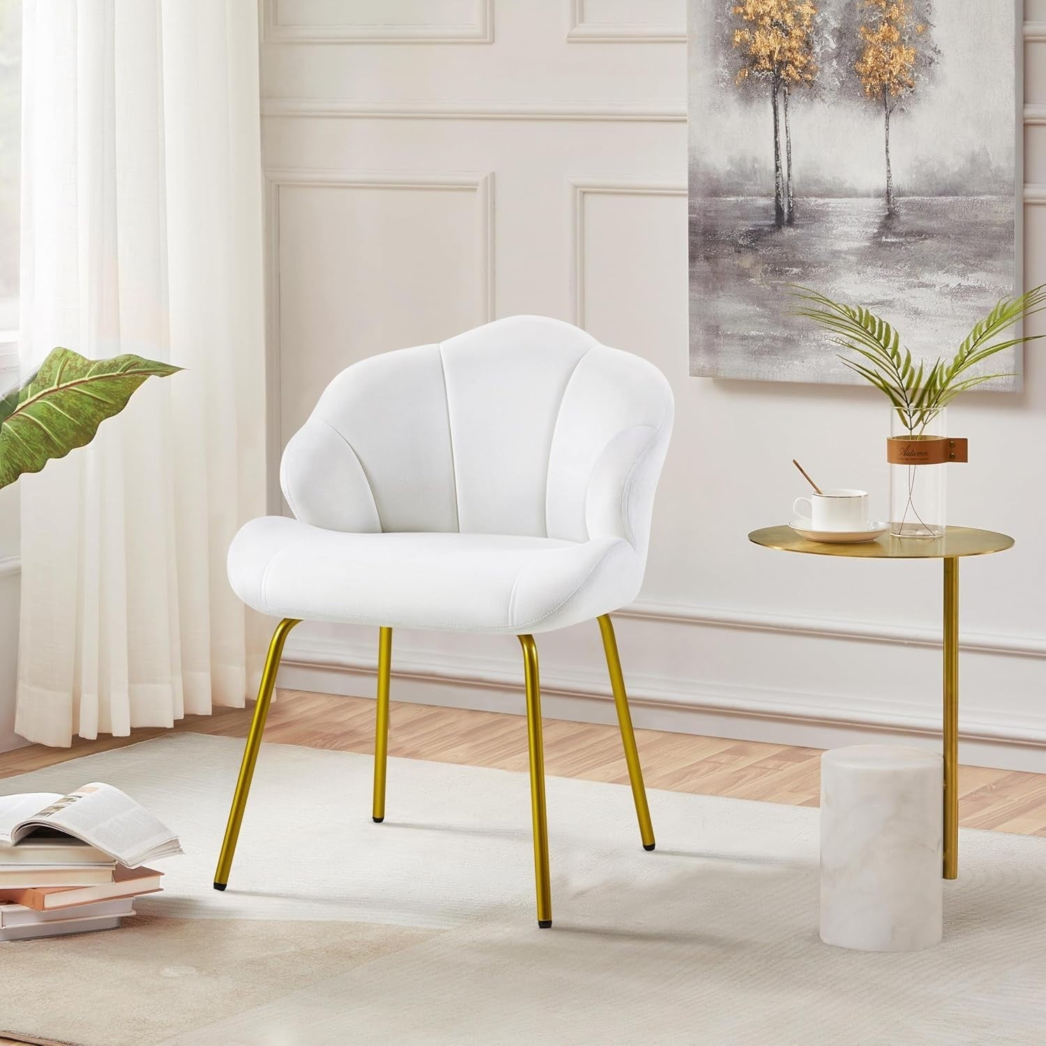 White Velvet Shell Chair Gold Legs Makeup Vanity Seat Bedroom Accent