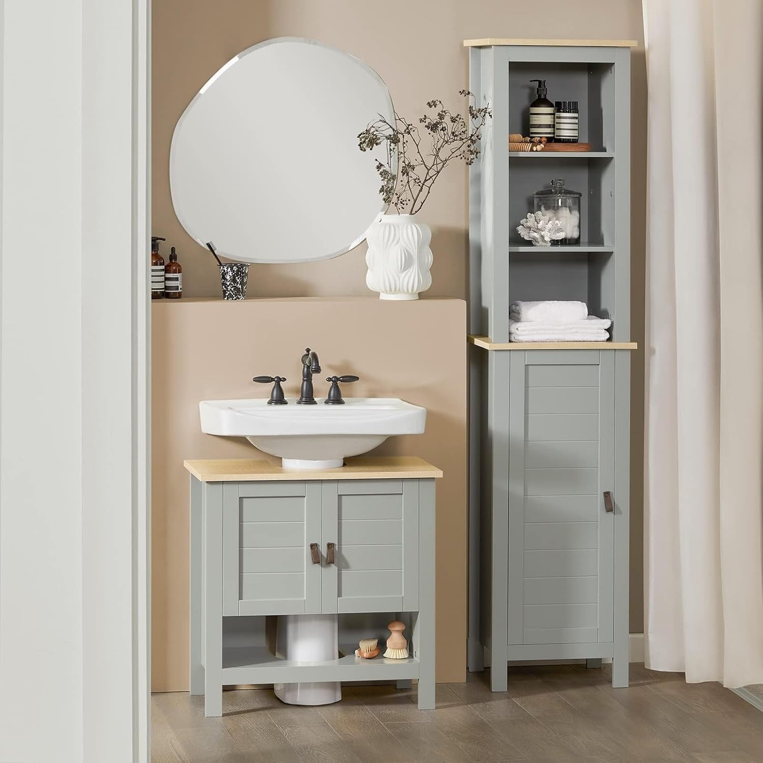 Light Grey Under Sink Bathroom Cabinet 2 Door Vanity Unit Shelf 60x60cm MDF