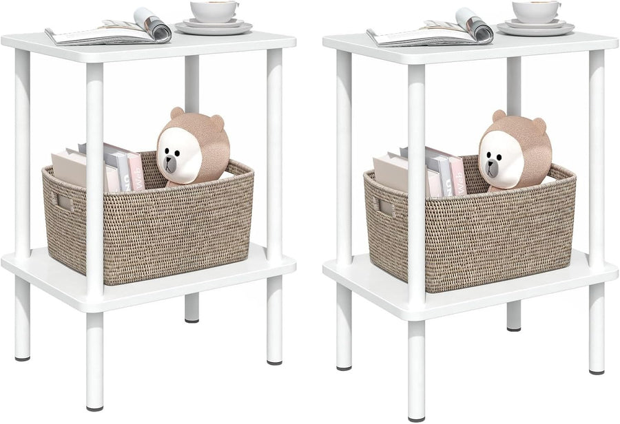Set of 2 Narrow 2-Tier White Side Tables – Small Space Bedside Storage