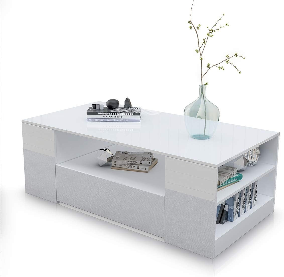 Modern White Gloss Coffee Table with Storage Shelf – Durable 95x55x37cm