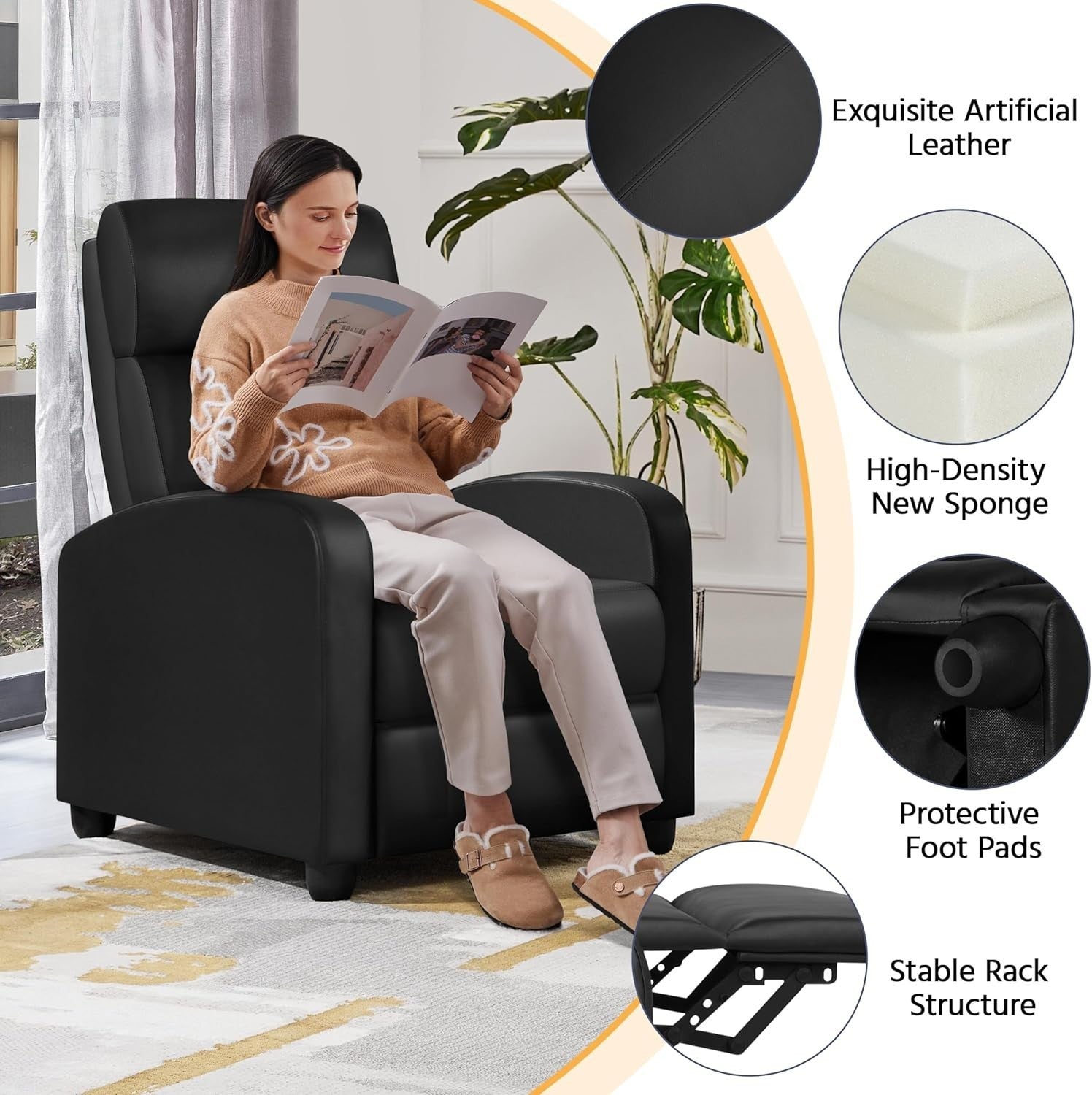 Black Faux Leather Recliner Chair Adjustable Armchair Lounge Home Cinema