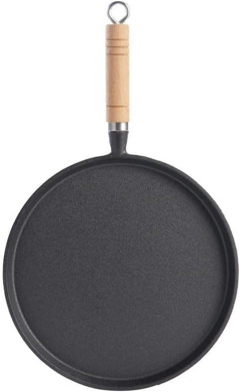 26cm Cast Iron Crepe Pan, Heavy Duty Non Stick Griddle with Wooden Handle
