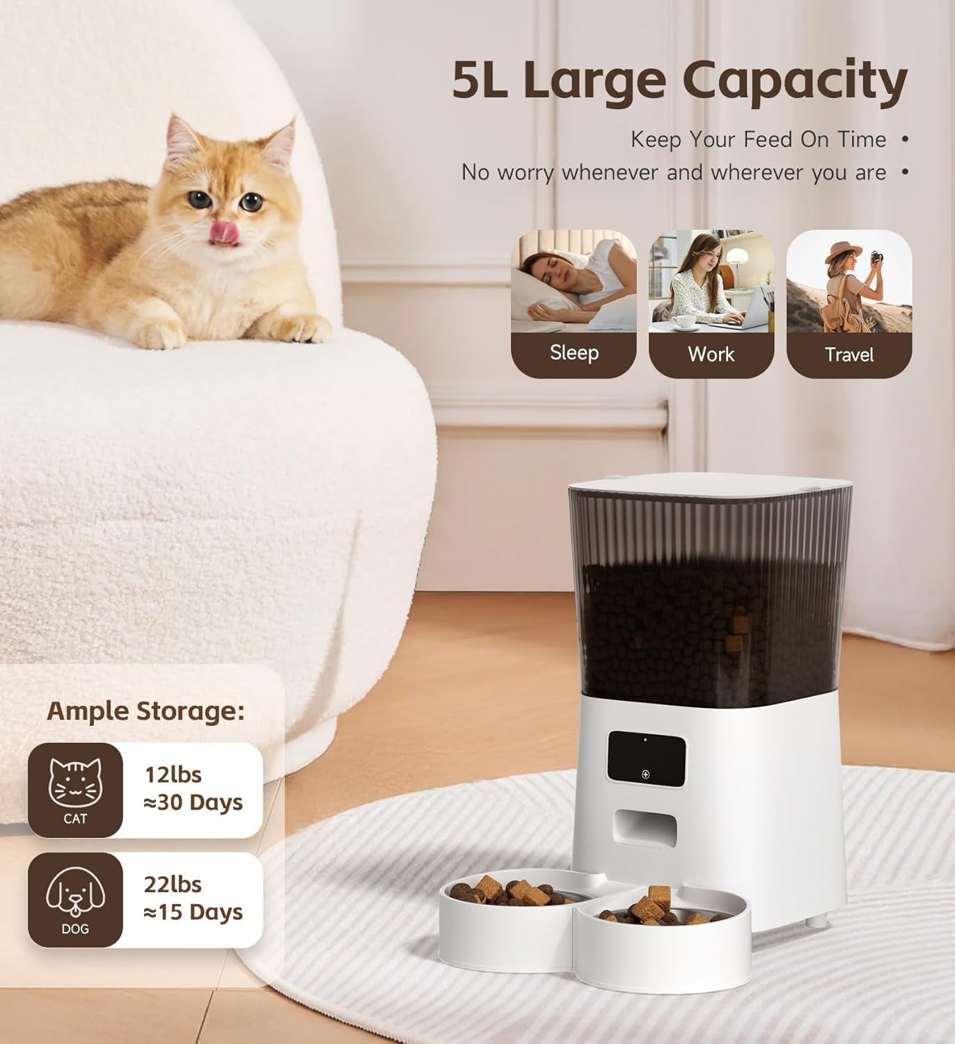 Smart Automatic Pet Feeder 5L WiFi App Timer Dual Bowl Food Dispenser