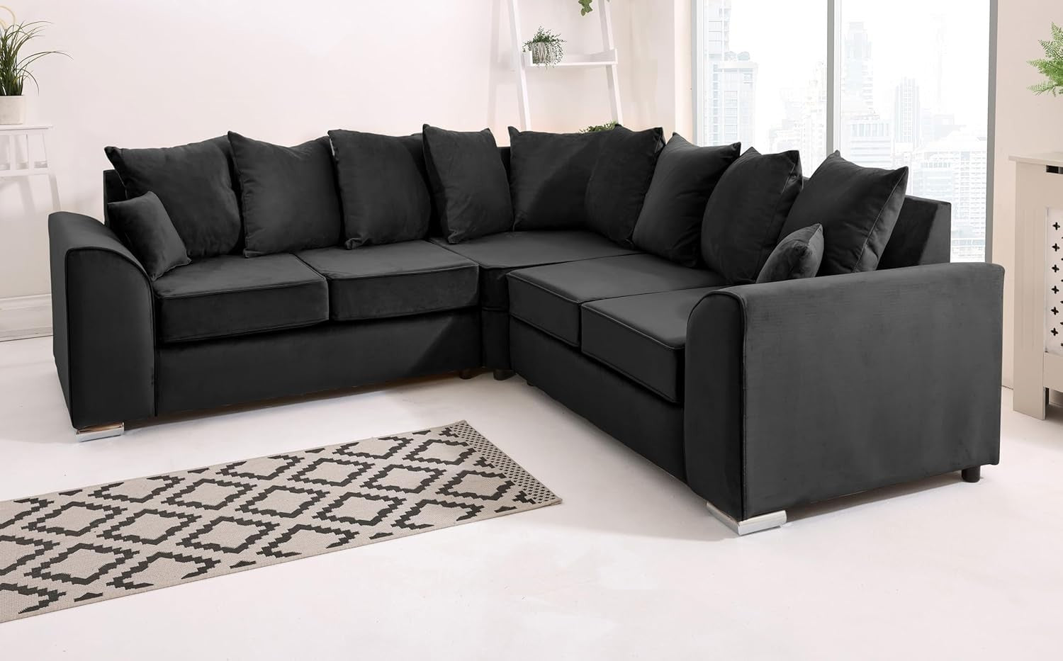 Black Plush Velvet 5 Seater Corner Sofa –Scatterback Foam Cushions & Chrome Feet