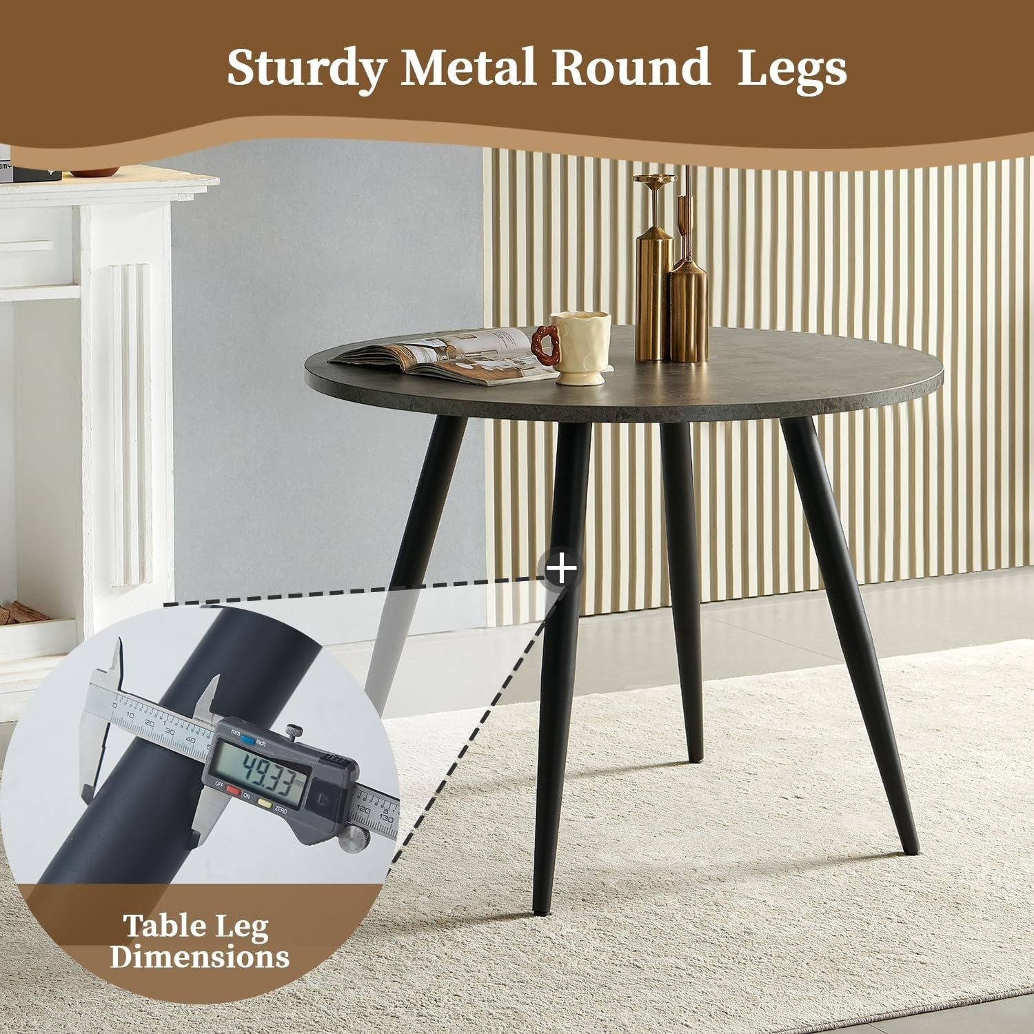 Round Grey Marble Dining Table Set with 2 Grey Faux Suede Chairs Kitchen
