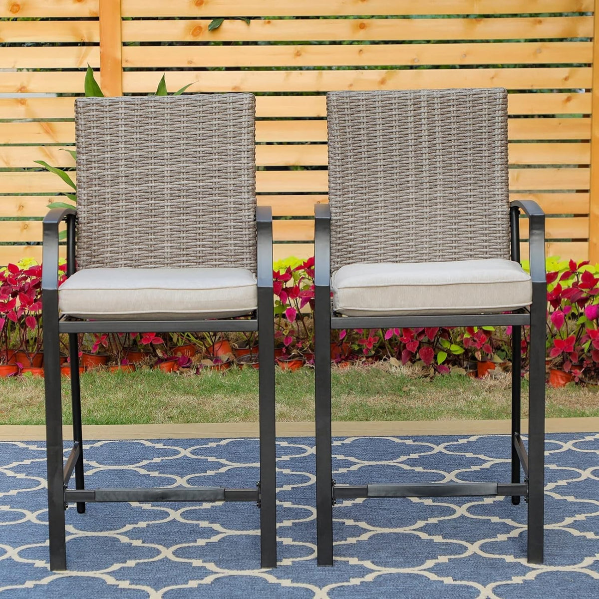 Rattan Garden Bar Stools Set of 2 High Outdoor Balcony Bistro Counter Chairs